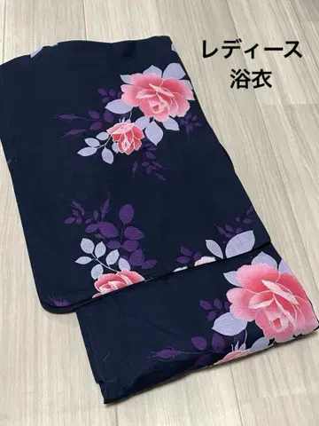 여성용 유카타 단품 네이비 장미 꽃무늬 라메 반짝반짝 성숙/러블리