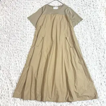 22SS 비어즐리 컷 콤비 플레어 원피스 세탁 가능 반팔 베이지 F