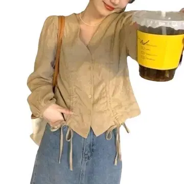 블라우스 루싱 L 브라운 긴팔 V넥 상의