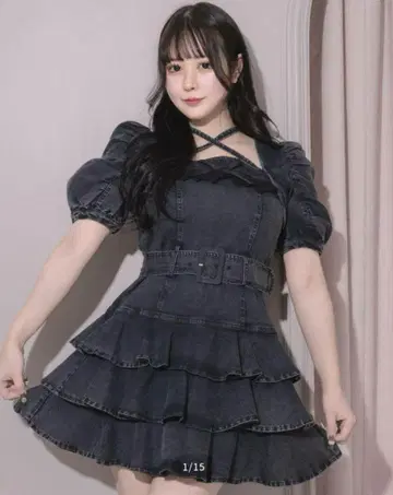 pium 티어드 프릴 미니 원피스 블랙(데님)