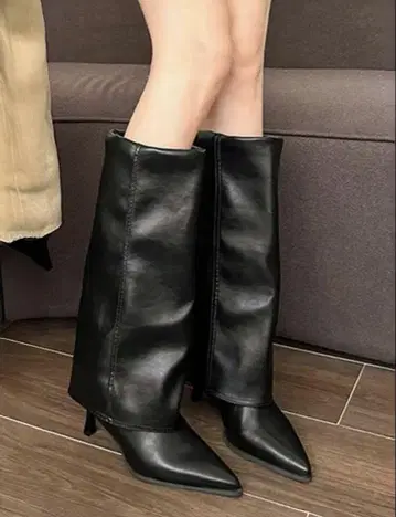 블랙 가죽 하이힐 롱 부츠