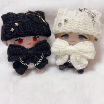 화이트 블랙 세트] 큰 리본 고양이 귀 니트 모자 10cm 니지파펫 의류