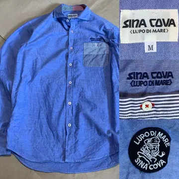 SINA COVA 시나코바 셔츠 M 스카이블루 체크 포켓 파랑 자수
