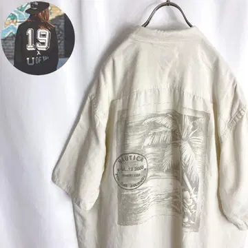 구제 의류 노티카 반팔 셔츠 린넨 레이온 혼방 백 프린트 XL 아이보리