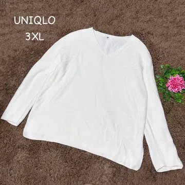 유니클로 3XL 화이트 V넥 니트 스웨터 긴팔 가을/겨울 코튼