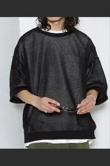 HINSON/힌슨 메쉬 크루넥 숏 슬리브 니트 L 택 포함