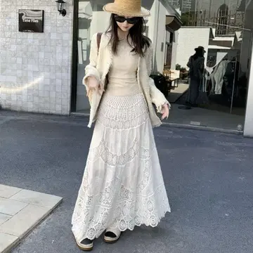롱 스커트 꽃 보헤미안 레이스 봄/여름 화이트 여성용