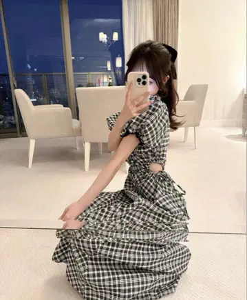 POMME d'amour 체크 허리 오픈 원피스