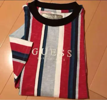 게스 GUESS 남성용 로고 프린트 스트라이프 반팔 티셔츠 L 사이즈