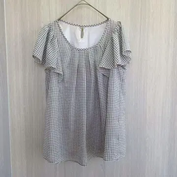 상의 튜닉 블라우스 프릴 소매 반팔 체크 무늬 블랙 화이트 M 상당