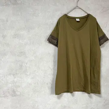 빅 사이즈 반팔 티셔츠 V넥 프린지 면 혼방 코튼 그린 계열