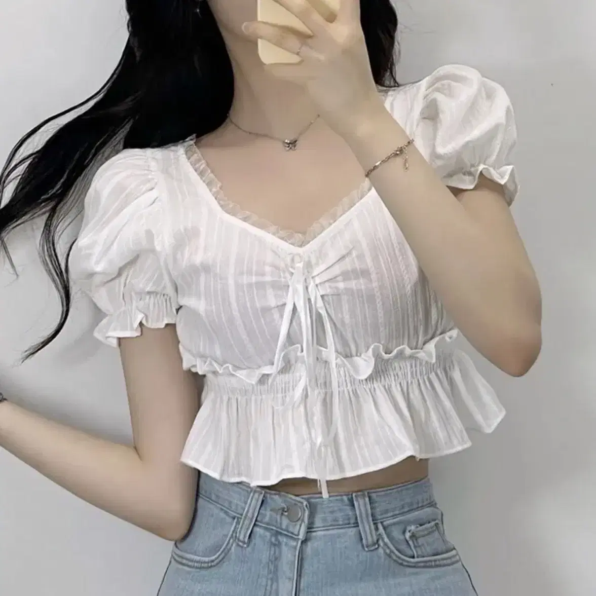 Lace Frill Shirring Banding Short Sleeve Crop Blouse White