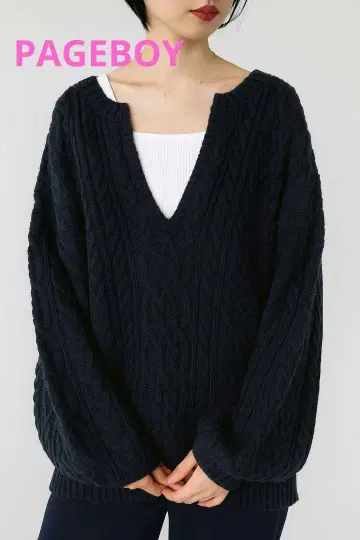 PAGEBOY 네이비 V넥 케이블 짜임 넉넉한 인기