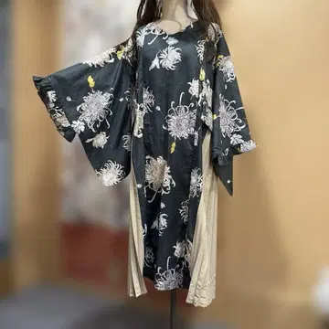 유카타 리메이크 원피스 다크 그린 국화 패턴