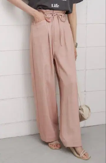 Bab 린넨 같은 허리 개더 팬츠 핑크