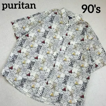 [디자인 우수] puritan 방위 나침반 코튼 알로하 셔츠 기하학 패턴