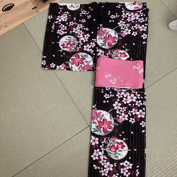유카타 오비 세트 블랙 베이스 벚꽃 패턴