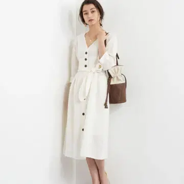 EMMEL REFINES 린넨 원피스 허리밴딩 리본 2way M
