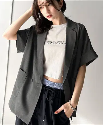 클래식 엘프 린넨 시어 돌먼 숏 슬리브 자켓 차콜 S