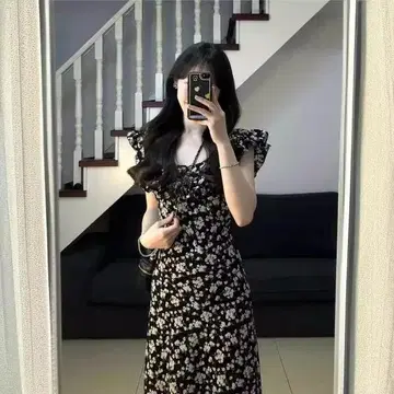 프릴 소매 블랙 플라워 무늬 롱 원피스
