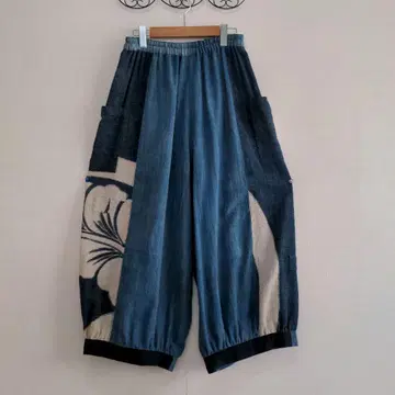 빈티지 원단 리메이크 통 그리기 네이비 나염 목화 코쿤 팬츠 다보 팬츠