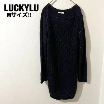 LUCKYLU 니트 원피스 긴팔 네이비 스팽글 M 넉넉한 고급스러운