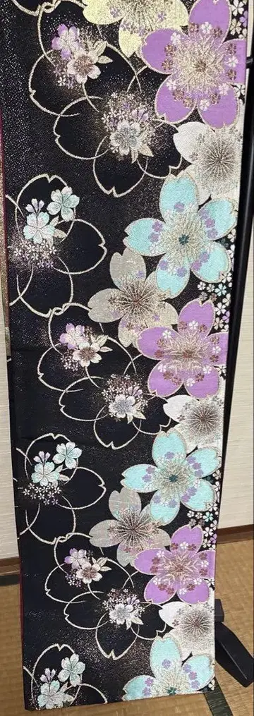 블랙 금 벚꽃 패턴 후쿠로 오비