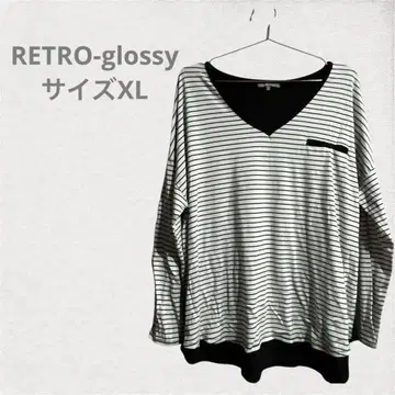 RETRO-glossy 스트라이프 V넥 긴팔 티셔츠 XL