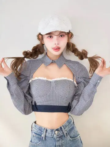 깅엄 체크 앙상블 상의