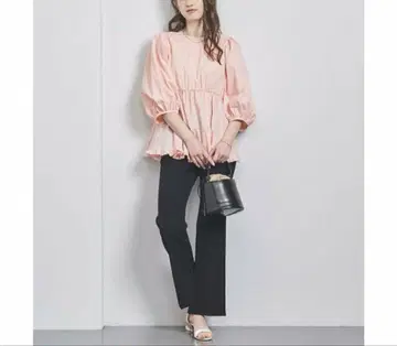 UNITED ARROWS 크루넥 프릴 7부 소매 블라우스 핑크 38