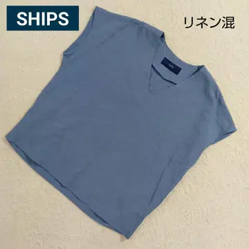 SHIPS 린넨 혼방 V넥 블라우스 프렌치 슬리브 슬리브리스 블루