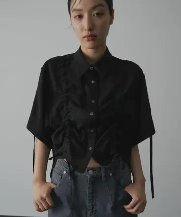 블랙 반팔 셔츠 드로우 스트링
