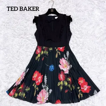 TED BAKER 꽃무늬 플리츠 쉬폰 리본 원피스 프릴 블랙