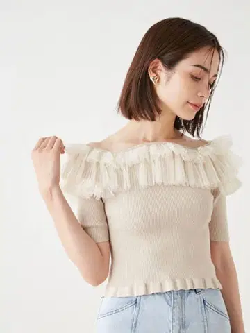SNIDEL sastainable 얇은 명주 그물 볼륨 프릴 니트 풀오버