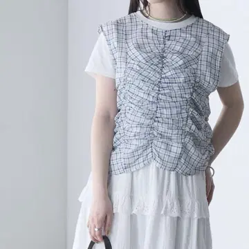 forksy. 시어 체크 무늬 슬리브리스 블라우스 & 티셔츠 레이어드 탑