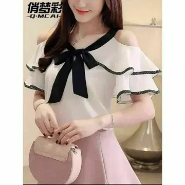 여성용 플레어 슬리브 오픈 숄더 블라우스 화이트