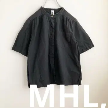 MHL, 코튼 린넨 밴드 카라 반팔 셔츠, 블랙