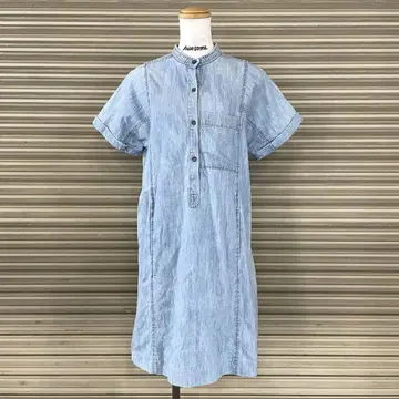 아페쎄 인디고 데님 풀오버 셔츠 원피스 밴드 카라 A 라인