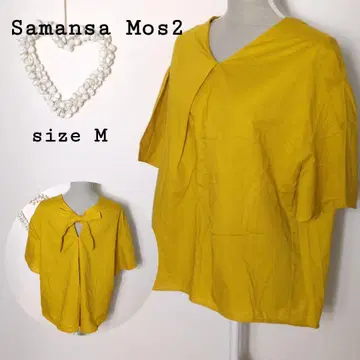 Samansa Mos2 티셔츠 반팔 백리본 면 린넨 머스타드 M