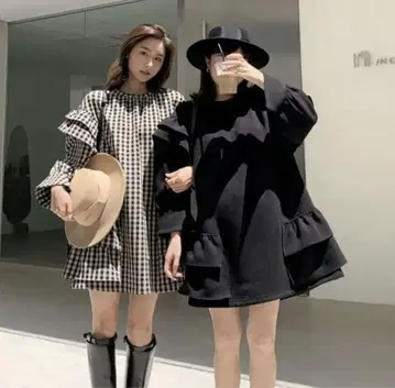 체크 무늬 벌룬 슬리브 원피스