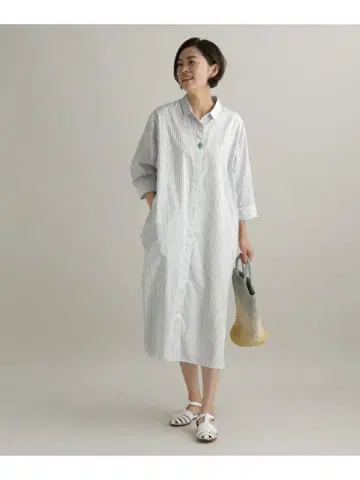 Utao: 우타오 스트라이프 롱 셔츠 원피스 반팔 화이트 블랙