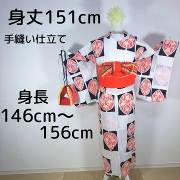 레트로 여성용 유카타 손바느질 기장 151cm 화이트 반폭 오비 오렌지