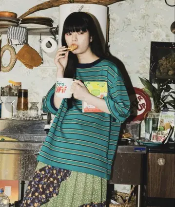 니코앤드 코튼 천축 3D 슬리브 풀오버 그린 보더 L