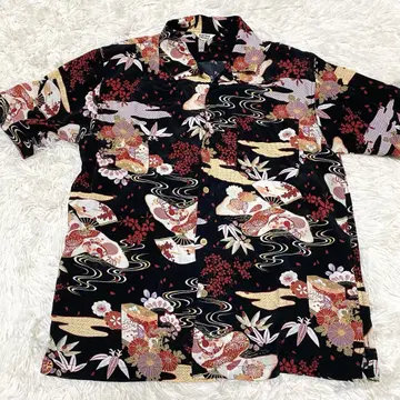 Patina Vintage 알로하 셔츠 올 패턴 일본풍 패턴 레이온 블랙