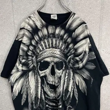 프룻 오브 더 룸 스컬 해골 민족 프린트 블랙 티셔츠 2XL