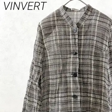 VINVERT 셔츠 블라우스 밴드 카라 체크 무늬 마 혼방 시스루
