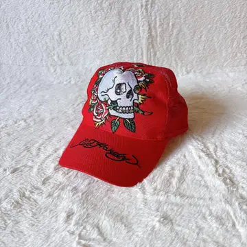 [컨디션 최상] ED Hardy 스컬 장미 자수 캡 메쉬 레드