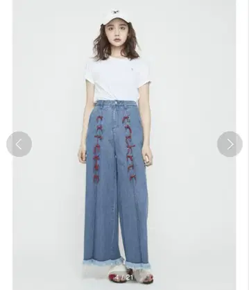 메리 제니 리본 와이드 데님 팬츠