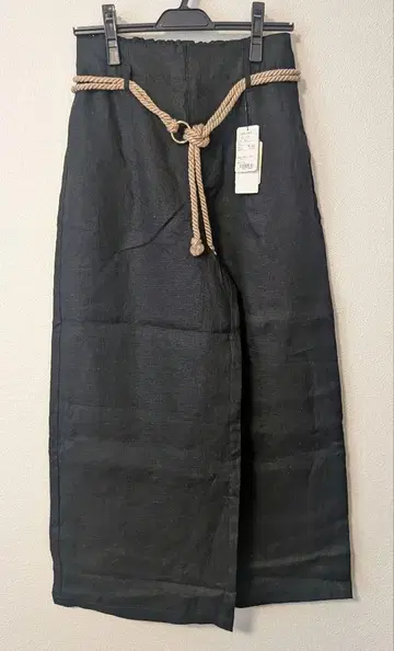 린넨 와이드 팬츠 로프 벨트 포함 블랙