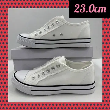 23.0cm 여성용 새상품 와이드 끈 없음 캔버스 슬립온 편안한 화이트